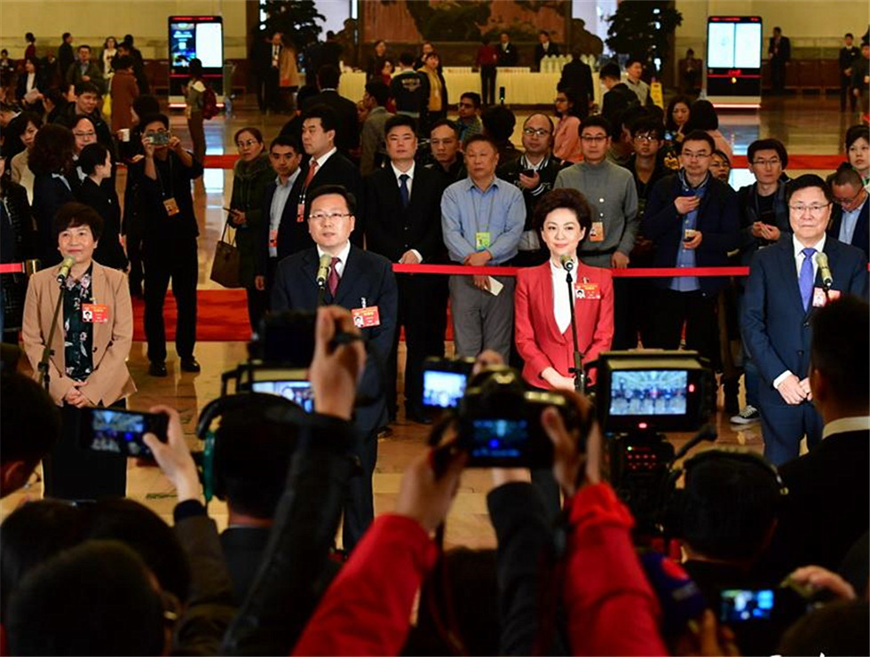全國政協委員接受記者采訪。