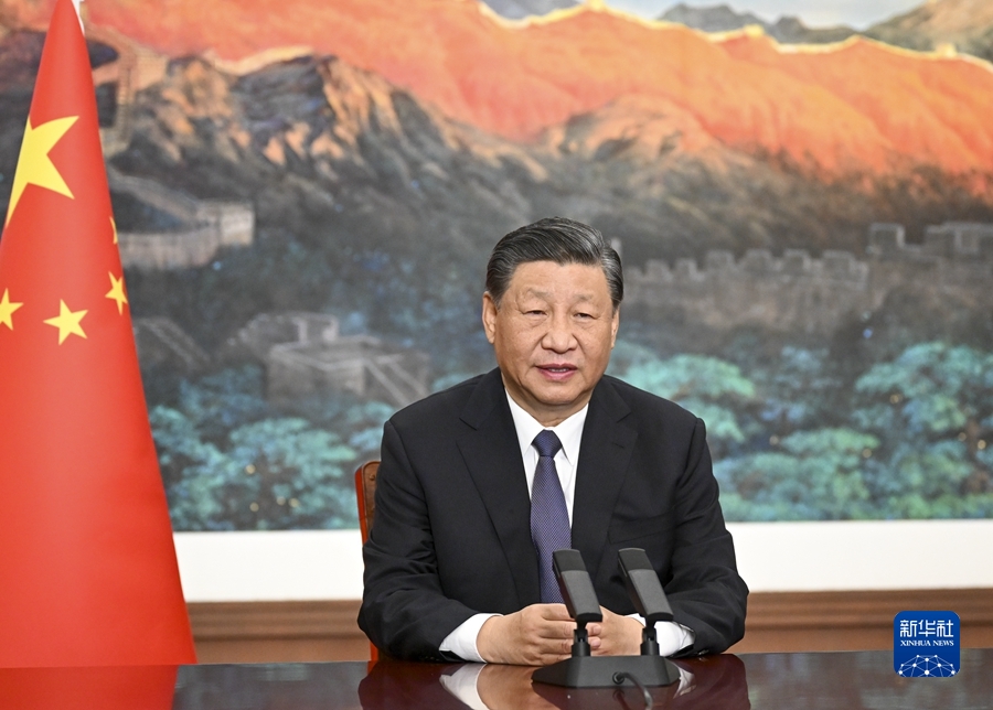 11月8日上午，國家主席習近平向2023年世界互聯網大會烏鎮峰會開幕式發表視頻致辭。新華社記者 李學仁 攝
